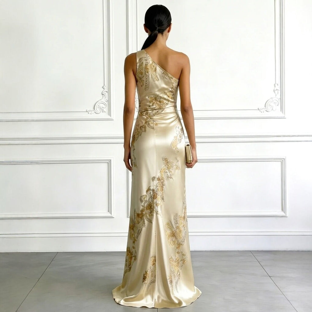 Golden Printed Off-Shoulder Slim-Fit Long Dress