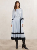 Color-blocked Round-neck Lace-trimmed Dress With A Belt