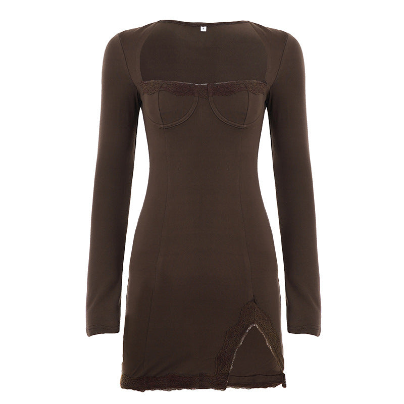 Womens Sexy Form-Fitting Lace-Panel Split Dress