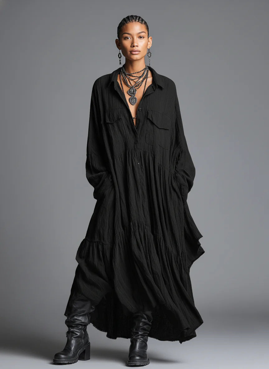 Artistic Retro Loose Pleated Long-Sleeve Shirt Dress