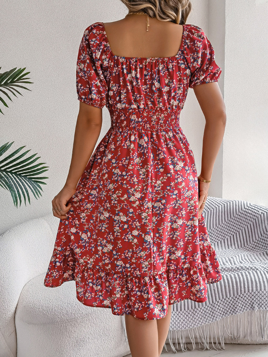 Women's Floral Print Square Neck Short Sleeve Tie Waist Ruffle A-Line Dress