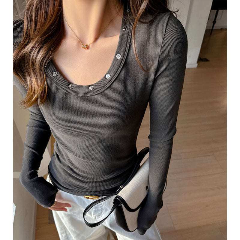 Women's Fashion Versatile Round Neck Studded Long Sleeve T-Shirt