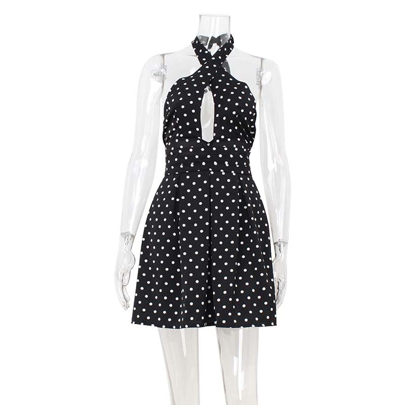 Fashionable European And American-style Hollow-out Halterneck Backless Dress With A Wave-patterned Print