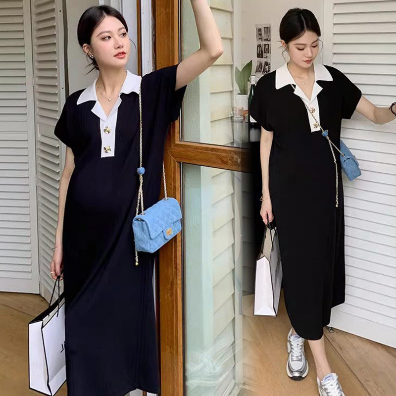 Artistic Korean-style Fashionable Elegant Lapel Maternity Dress