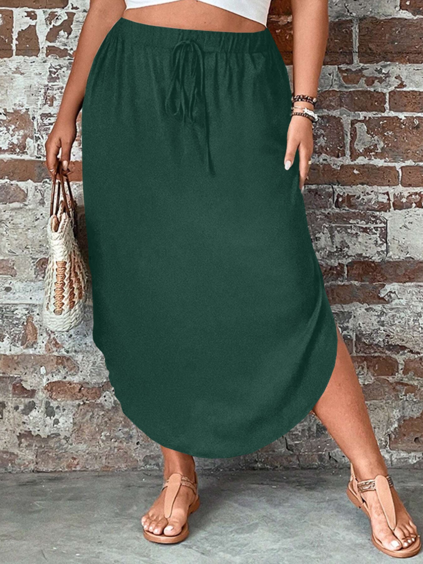Plus-size Womens Solid-color Slim-fit Tie-front Split Skirt