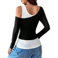 Black And White Spliced Asymmetric Shoulder Strap Unique Design Women's Top