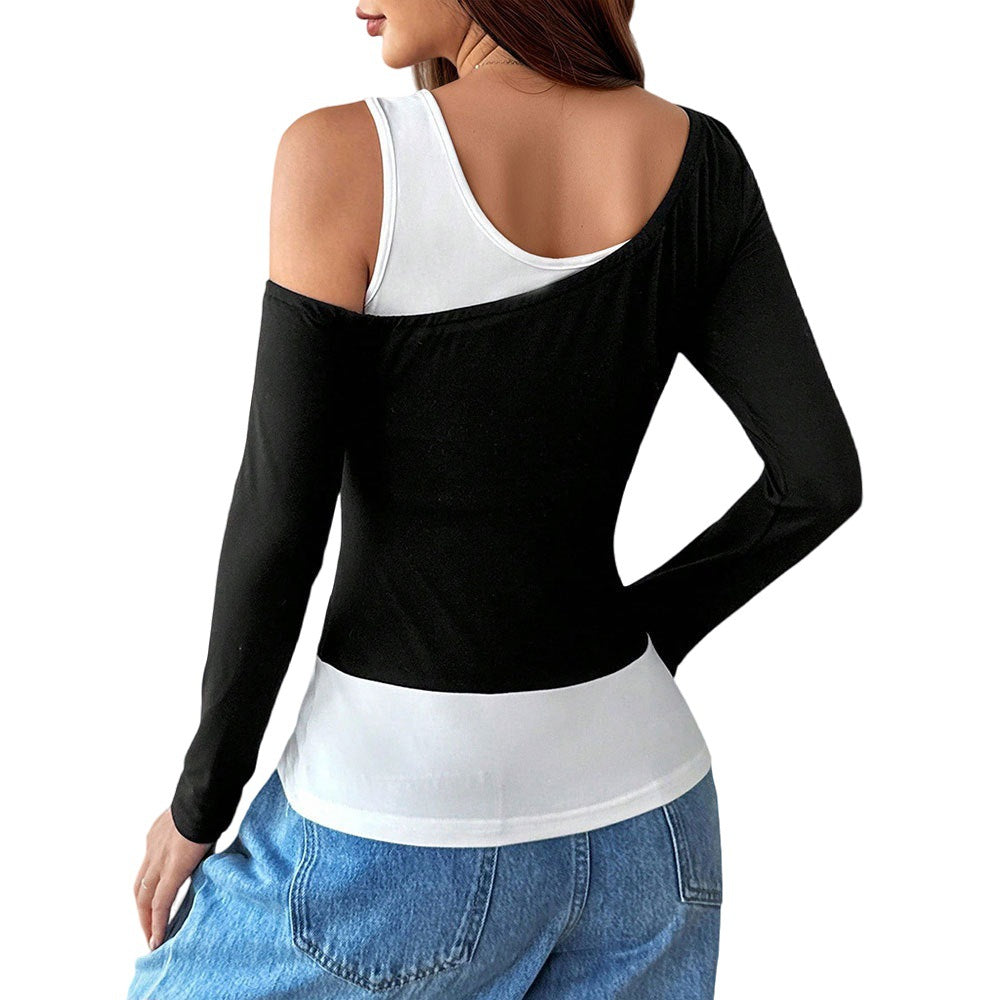 Black And White Spliced Asymmetric Shoulder Strap Unique Design Women's Top