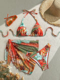 European And American-style Three-Piece Apron Bikini Flower-Printed Lace-Up Womens Swimsuit