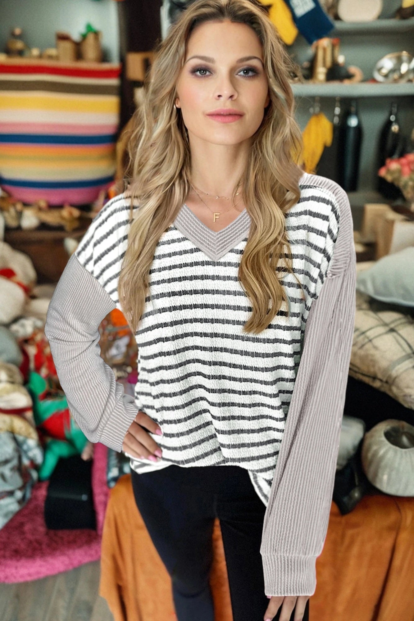 Khaki Striped Textured Knit Cable-knit Ribbed Contrast-color Patchwork V-neck Long-sleeve Top