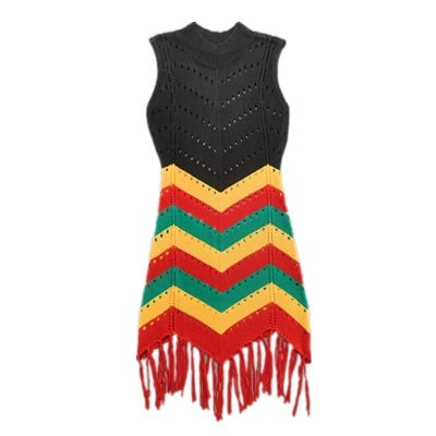 Womens Fashion High-Neck Sleeveless Hollow-Out Knitted Dress