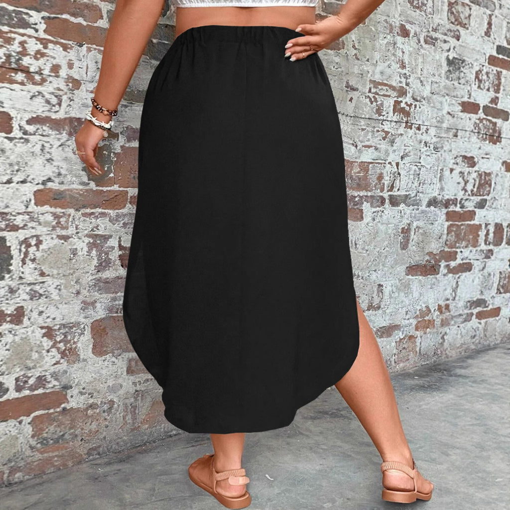 Plus-size Womens Solid-color Slim-fit Tie-front Split Skirt
