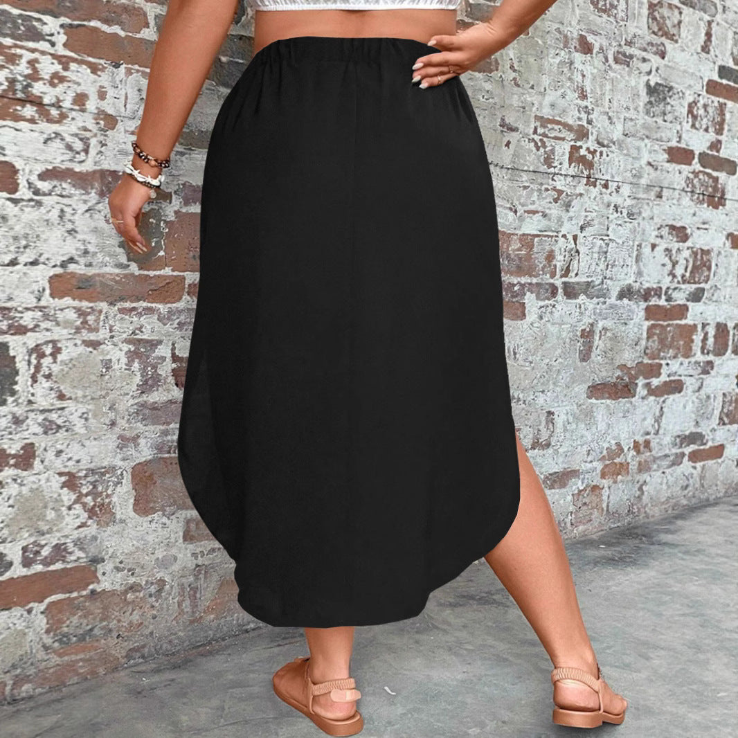 Plus-size Womens Solid-color Slim-fit Tie-front Split Skirt