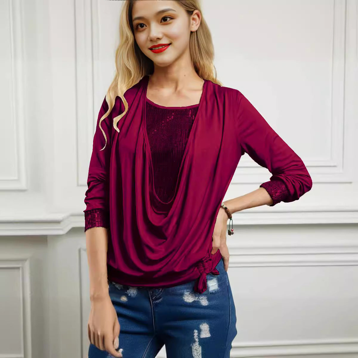 Sequins Contrast Solid Color Long Sleeve Women's Oversized Drop Neck Loose Top