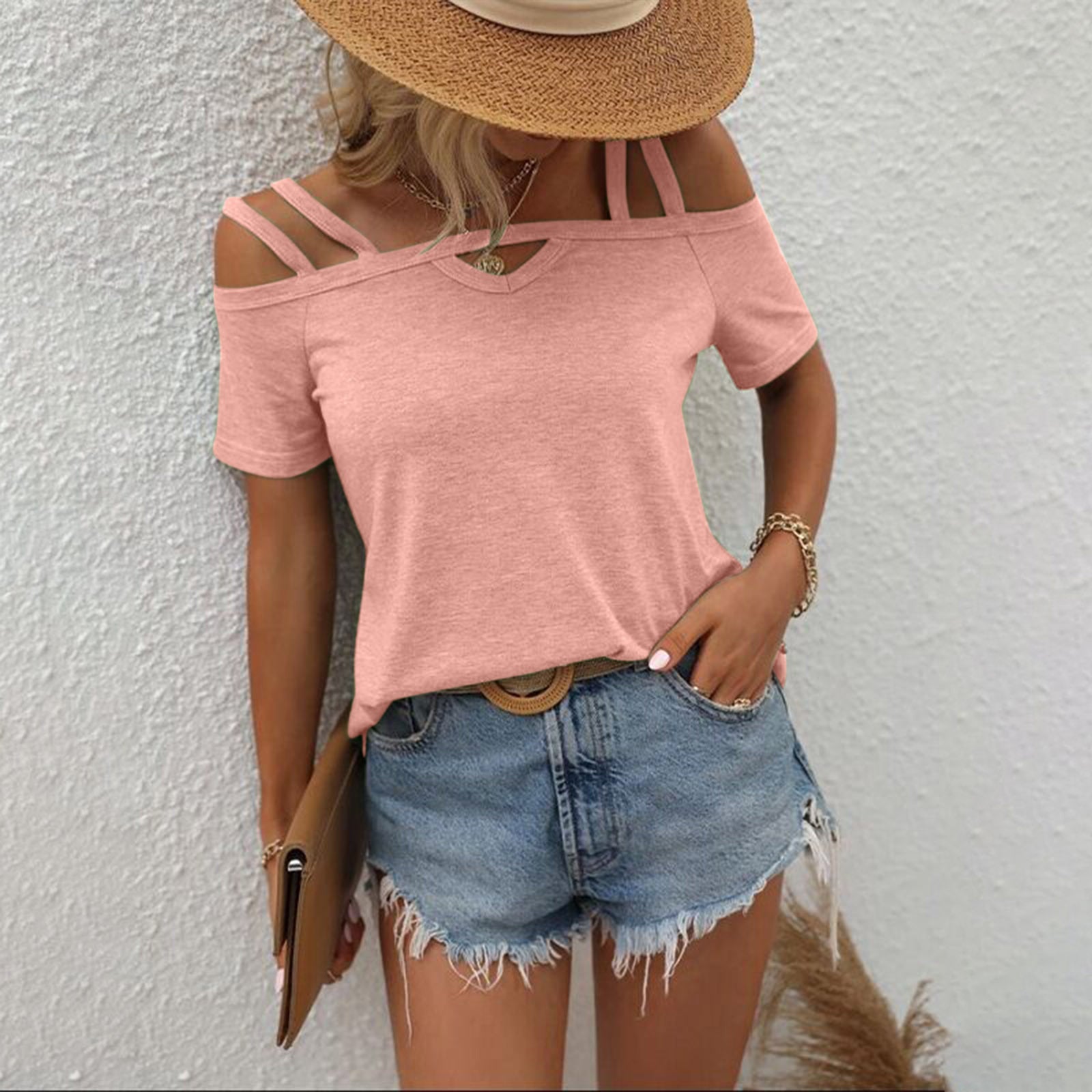 Solid Color Short Sleeve Double Strap Boat Neck Top