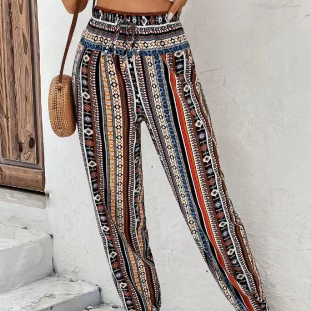 Loose Tampered Printed Drawstring Floral Print Casual Pants With Pockets