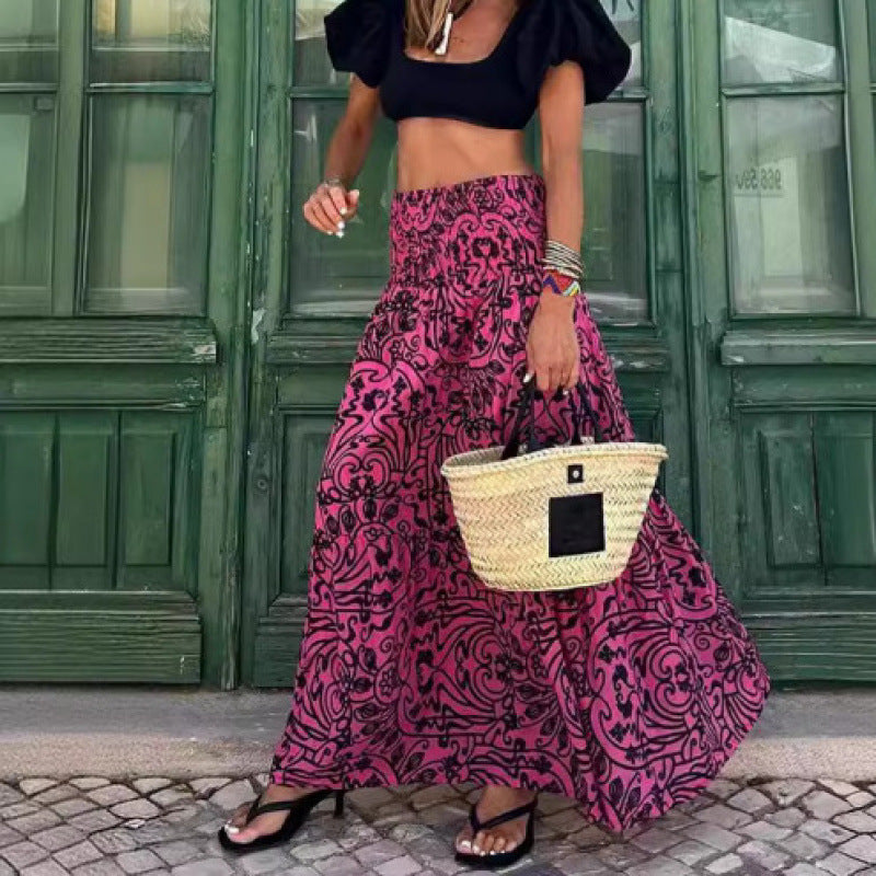 Womens Creative Loose Print Long Swing Skirt