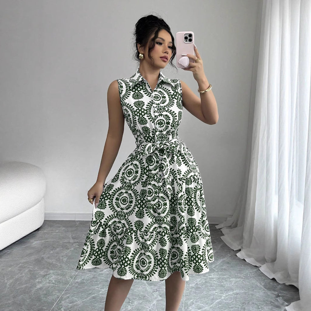 Stylish Printed Sleeveless Lace-Up Waist-Cinching Dress