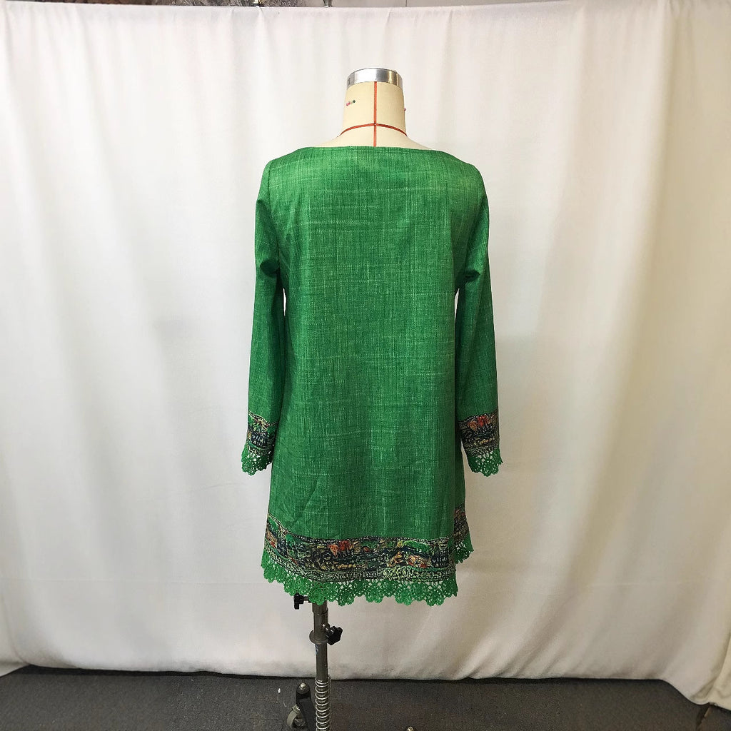 Womens Wave-Patterned V-Neck Button-Front Midi Dress With Long Sleeves For Spring And Autumn