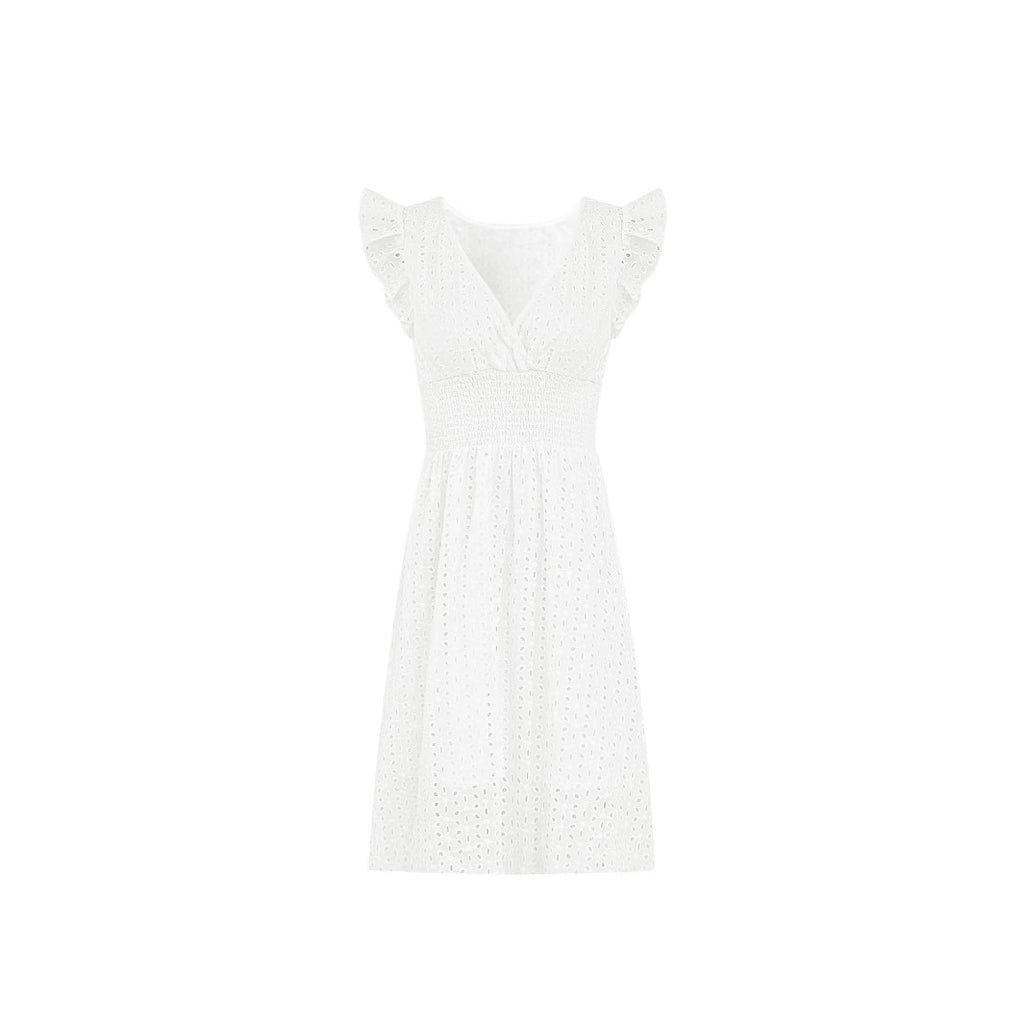 Lotus-Leaf Sleeve V-Neck Hollow-Out Embroidered Dress