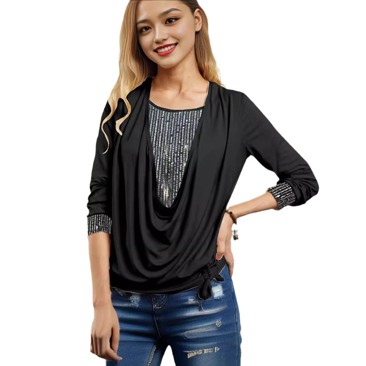 Sequins Contrast Solid Color Long Sleeve Women's Oversized Drop Neck Loose Top