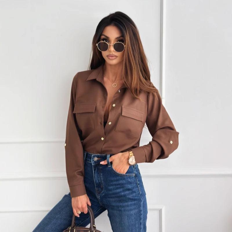 Womens Versatile Solid-color Button-up Top