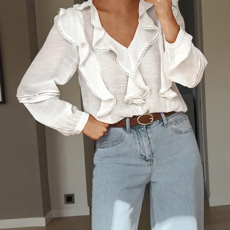 French Pastoral Style Lace Ruffled V-neck Blouse For Women