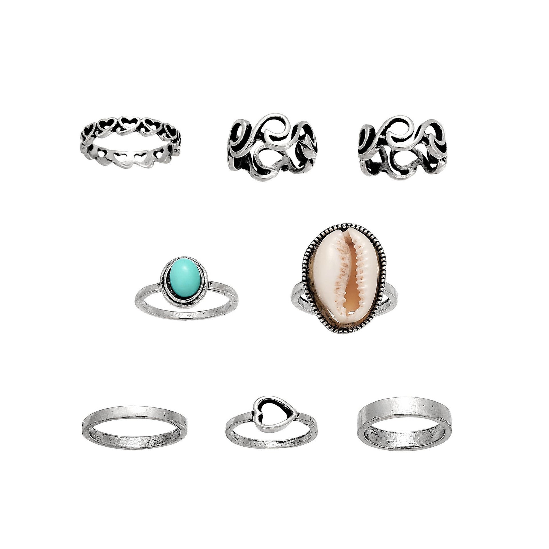 Personality Heart Shell Turquoise 8 Pieces Set Rings