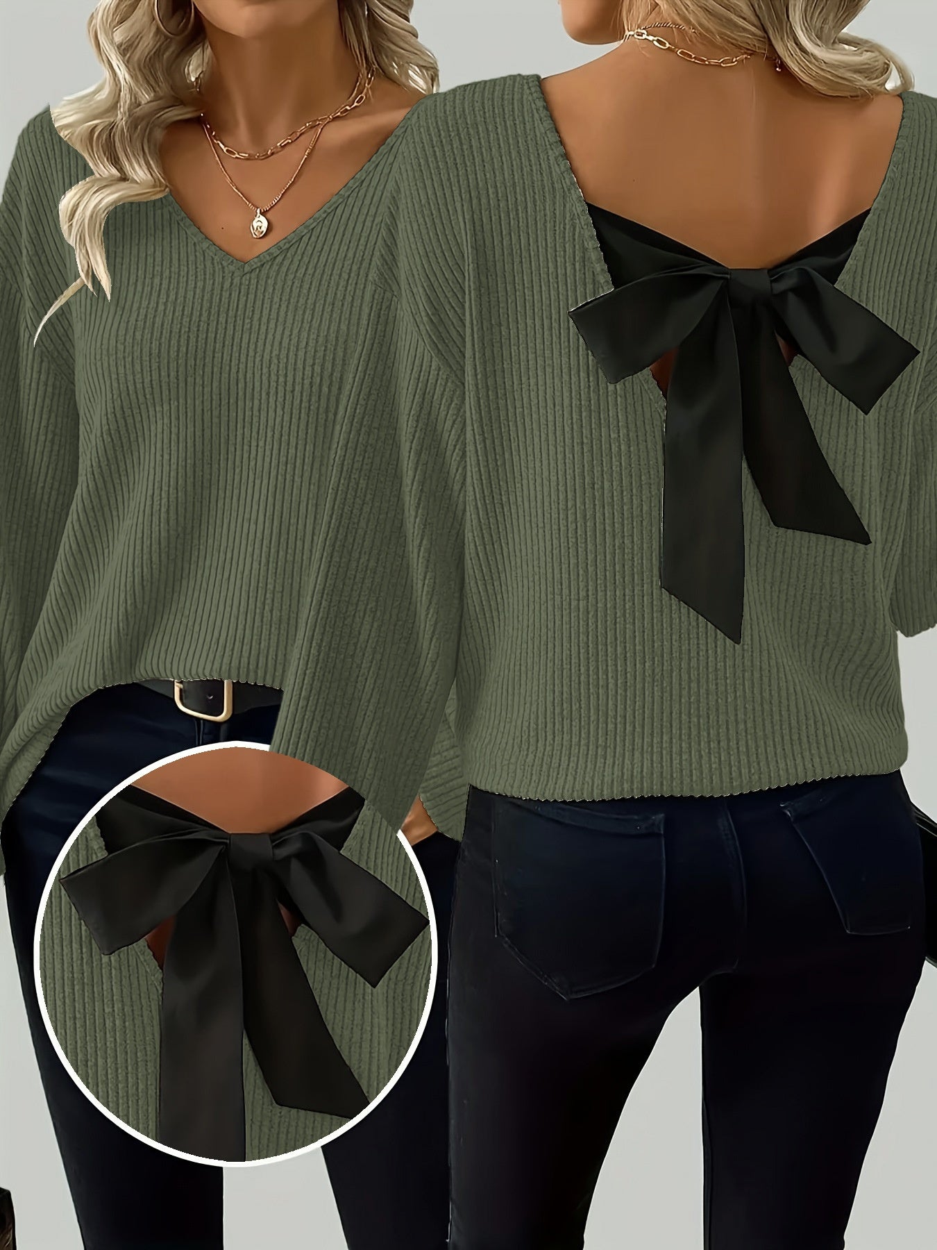Contrast-color Satin Ribbon Bow Backless Drop-shoulder Long-sleeve Top