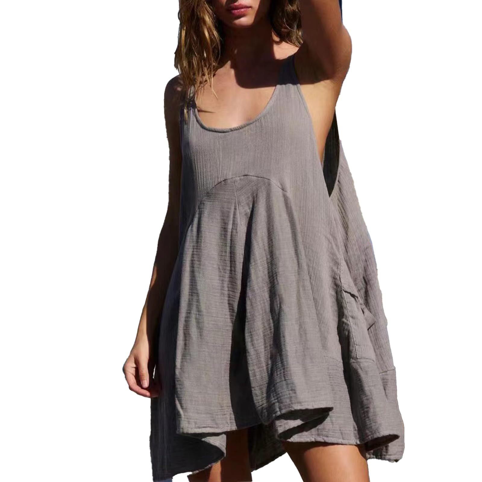 Sleeveless Crewneck Backless Mini Dress Loose-fit Tank Dress With Pockets