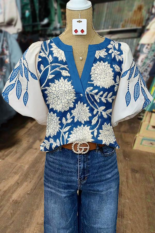 Women's Casual Loose Ethnic Print Lantern Sleeve Shirt