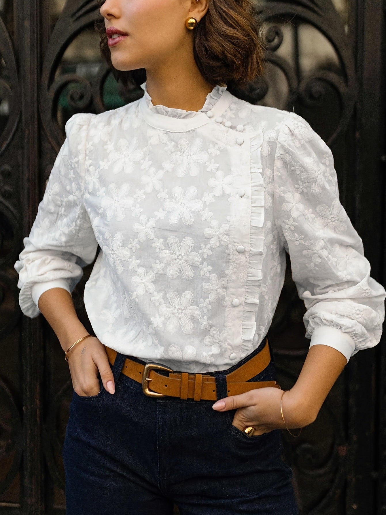Women's Buttoned Ruffled-edge Embroidered Blouse