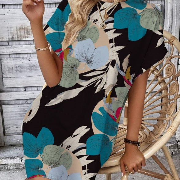 Printed Batwing Sleeve Crew Neck European And American Style Dress