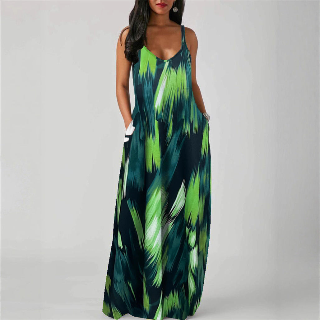 Adjustable-strap Printed Dress With Patch Pockets