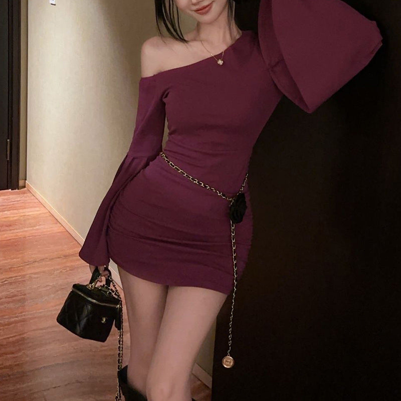 AutumnWinter Long-Sleeved Sassy Off-Shoulder Flare-Sleeve Dress