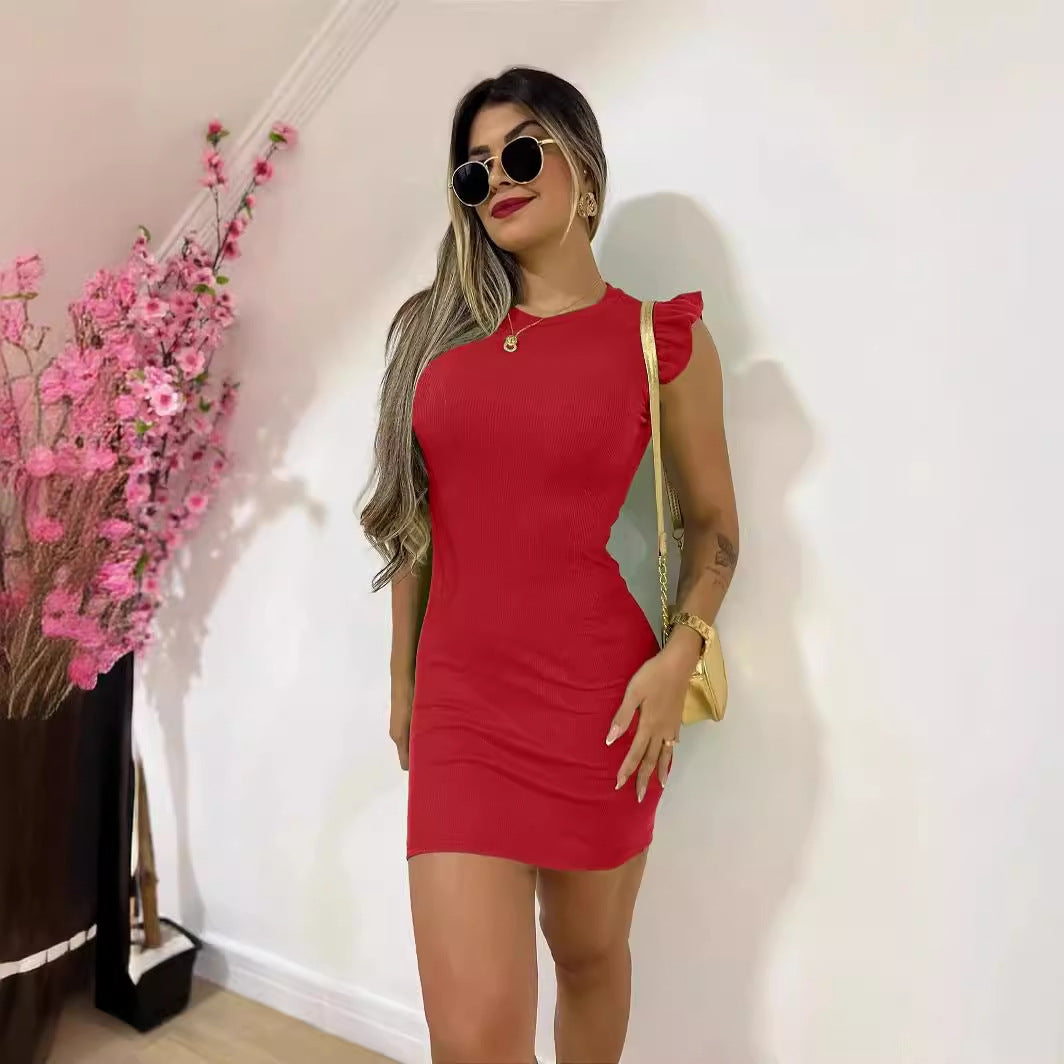 Women's Fashion Round-Neck Ruffle Slim-Fit Dress