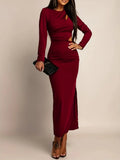 Sexy Crew-Neck Hollow-Out Long-Sleeve Sheath Dress With Side Slit
