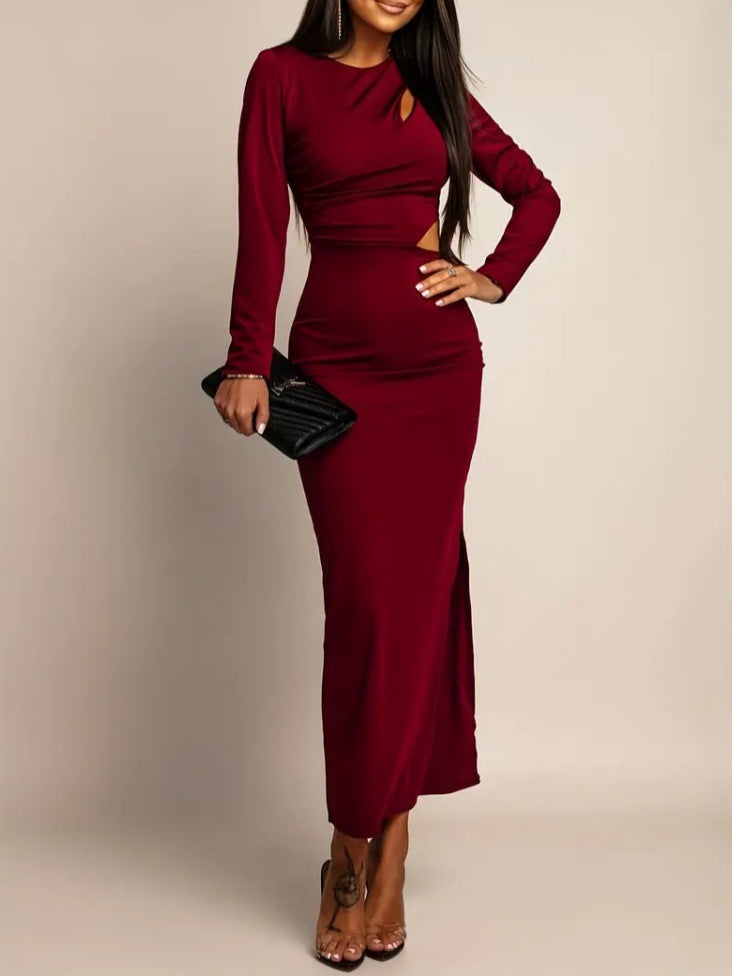 Sexy Crew-Neck Hollow-Out Long-Sleeve Sheath Dress With Side Slit