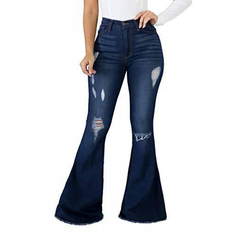 High-Elastic Ripped Flare Jeans For Women