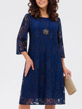Womens Lace Hollow-Out Round-Neck Three-Quarter-Sleeve Dress