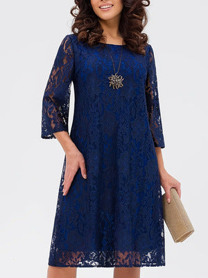 Womens Lace Hollow-Out Round-Neck Three-Quarter-Sleeve Dress