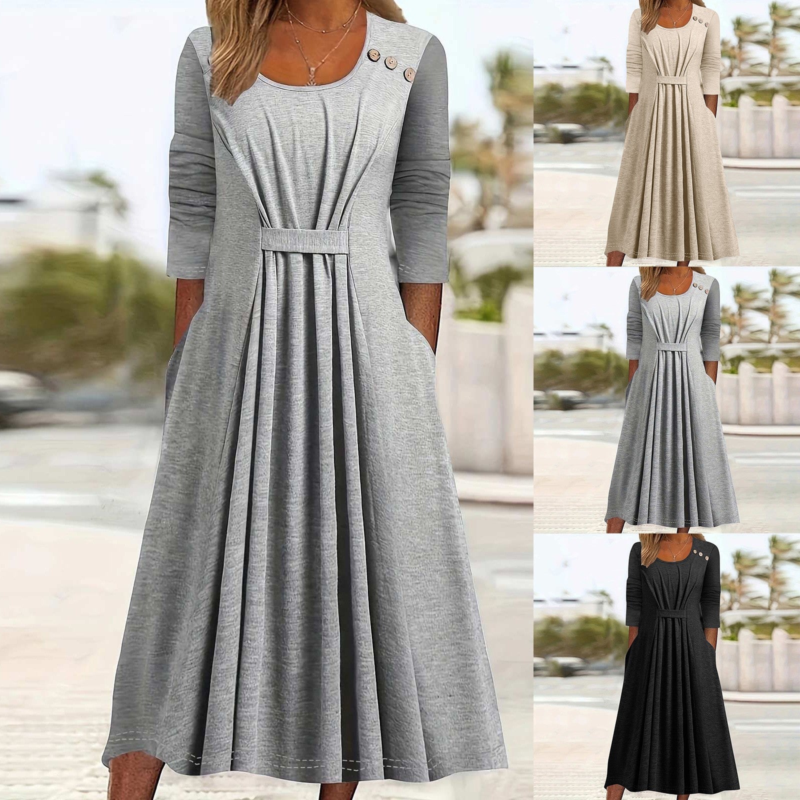 Womens Casual Crew-Neck Solid-Color Dress