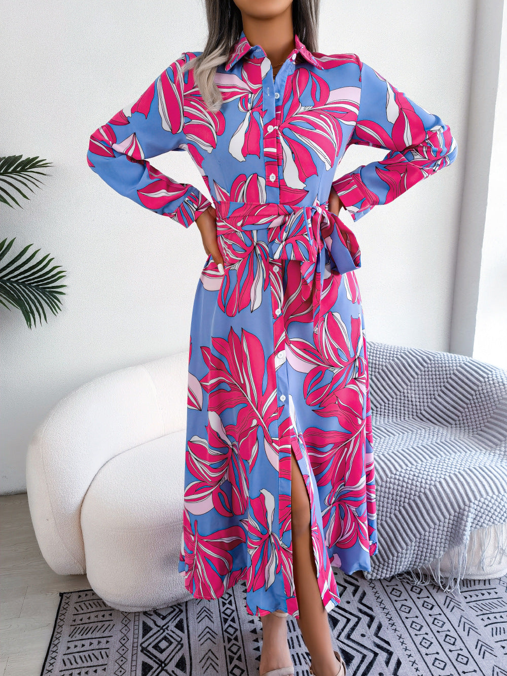 Women's Floral Print Lapel Tie Waist Shirt Maxi Dress