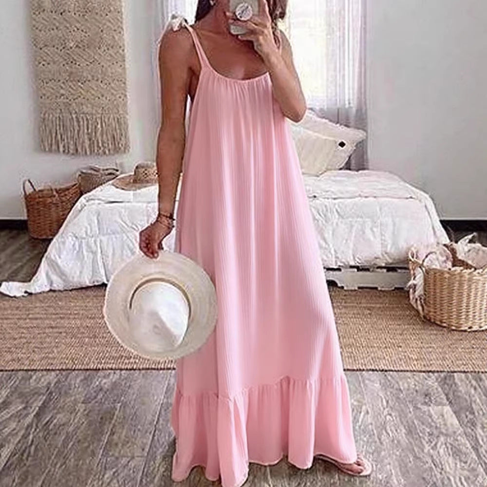 Casual Sling Dress With A U-neck Classic Pleating And Multiple Color Options