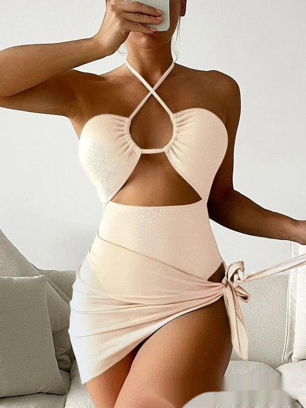 Multicolor Bikini Mesh Skirt Three Piece Womens Swimsuit