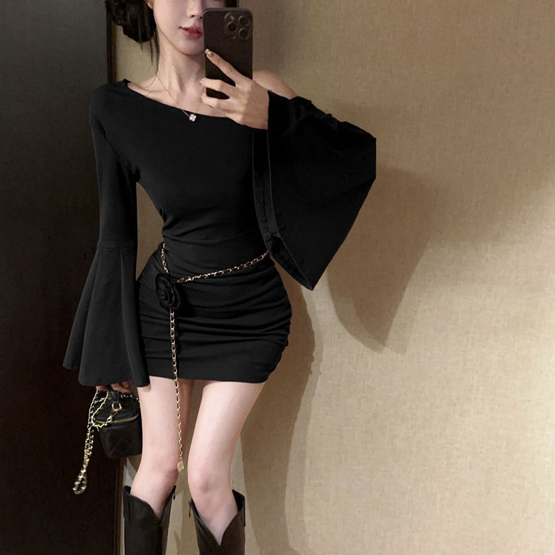 AutumnWinter Long-Sleeved Sassy Off-Shoulder Flare-Sleeve Dress