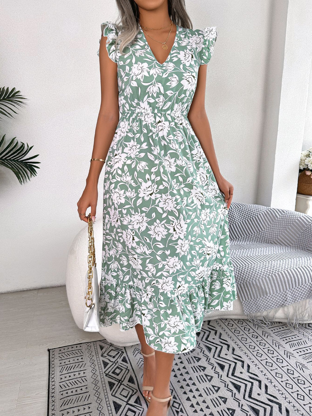 Women Casual Ruffle Trim Floral Print Tie Waist Maxi Vacation Dress