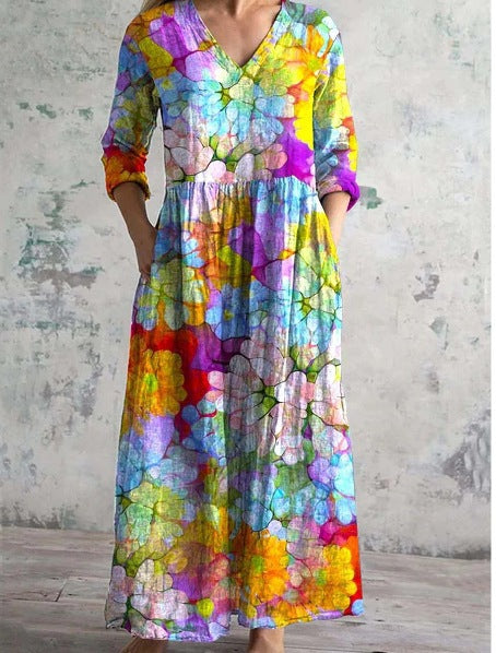Womens Loose Stylish V-Neck Printed Dress