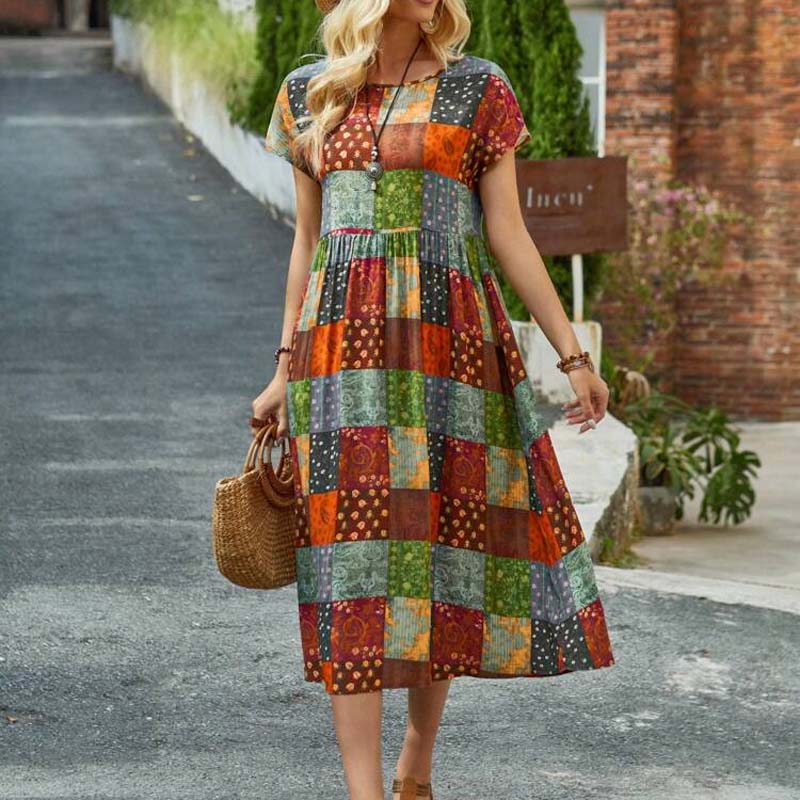 Womens Retro Colorful Polka-Dot Square-Printed Maxi Dress