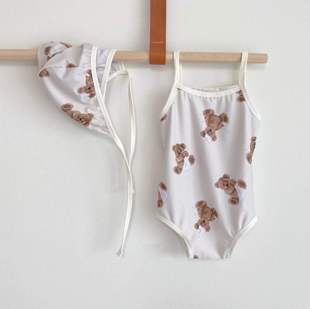 Cute Cartoon Print Children's Swimsuit With Hat