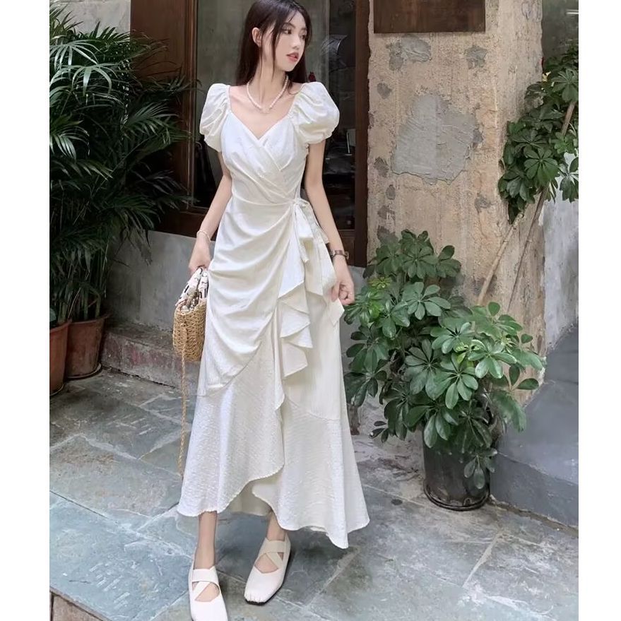 Women's White V Neck Lace Up Short Sleeve Dress